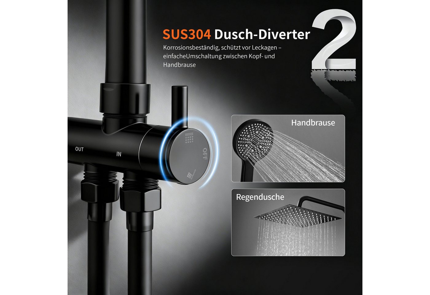 HOMELODY Duschsystem mit 30 cm Regendusche, SUS304 Edelstahl, Kopfbrause, 5 Strahlarten Handbrause, höhenverstellbar, ohne Neubohren,Schwarz – Bild 2 von 5