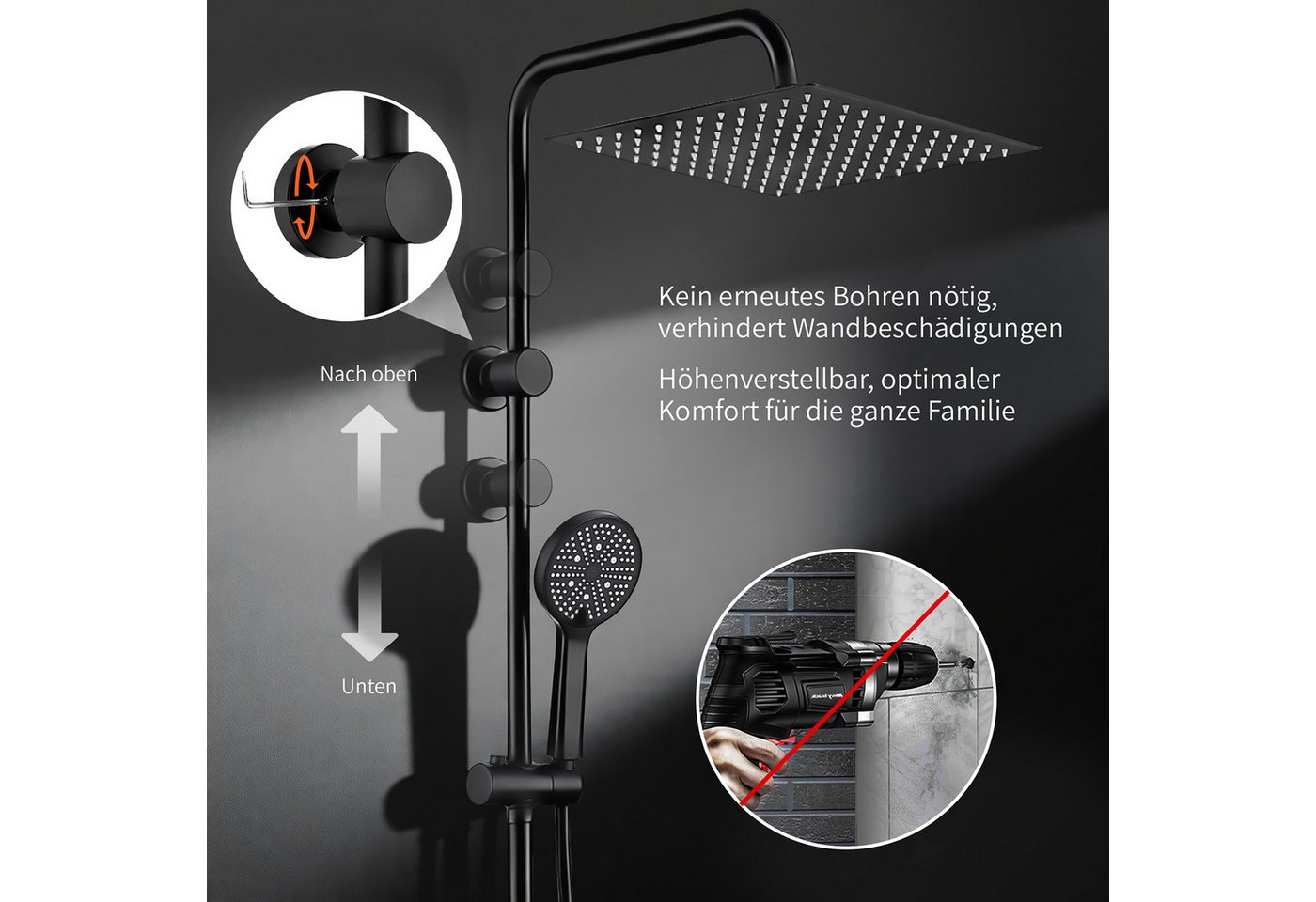 HOMELODY Duschsystem mit 30 cm Regendusche, SUS304 Edelstahl, Kopfbrause, 5 Strahlarten Handbrause, höhenverstellbar, ohne Neubohren,Schwarz – Bild 3 von 5