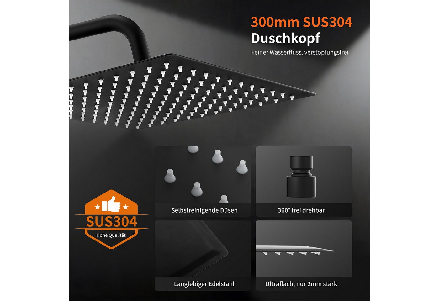 HOMELODY Duschsystem mit 30 cm Regendusche, SUS304 Edelstahl, Kopfbrause, 5 Strahlarten Handbrause, höhenverstellbar, ohne Neubohren,Schwarz – Bild 4 von 5