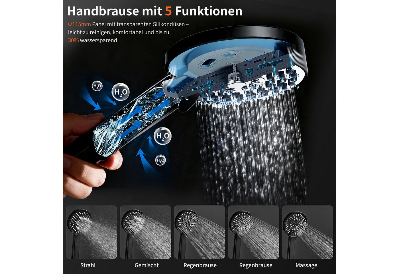 HOMELODY Duschsystem mit 30 cm Regendusche, SUS304 Edelstahl, Kopfbrause, 5 Strahlarten Handbrause, höhenverstellbar, ohne Neubohren,Schwarz – Bild 5 von 5