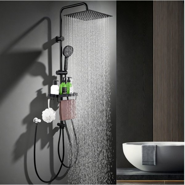 HOMELODY Duschsystem mit 30 cm SUS304 Regendusche und Duschablage, 5 Strahlarten Handbrause, höhenverstellbar, ohne Neubohren, Schwarz
