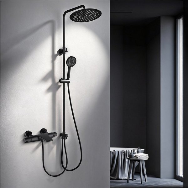 HOMELODY Duschsystem mit Regendusche, Handbrause und Thermostat in Schwarz,Messing, 2 Strahlart(en), Thermostat aus Messing für stabile und komfortable Wasserte