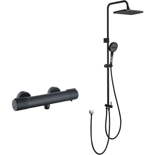 HOMELODY Duschsystem mit Regendusche 30×20 cm, Aufputz Thermostatarmatur, Handbrause, 2 Strahlart(en), Schwarz Duschsystem, 38°C Sicherheitssperre, Thermostat, 