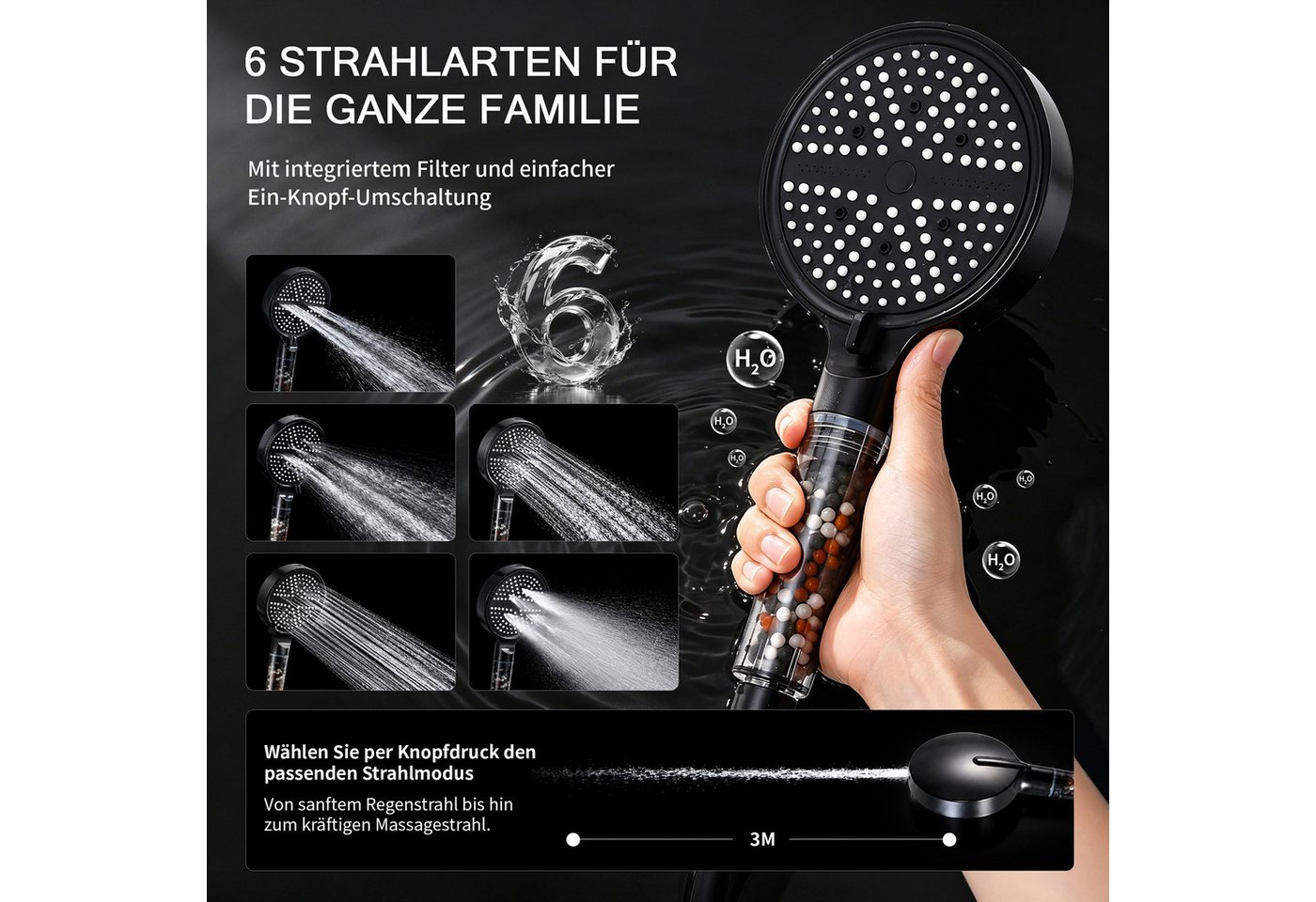HOMELODY Duschsystem mit Regendusche 30×20 cm, Aufputz Thermostatarmatur, Handbrause, 2 Strahlart(en), Schwarz Duschsystem, 38°C Sicherheitssperre, Thermostat,  – Bild 3 von 5