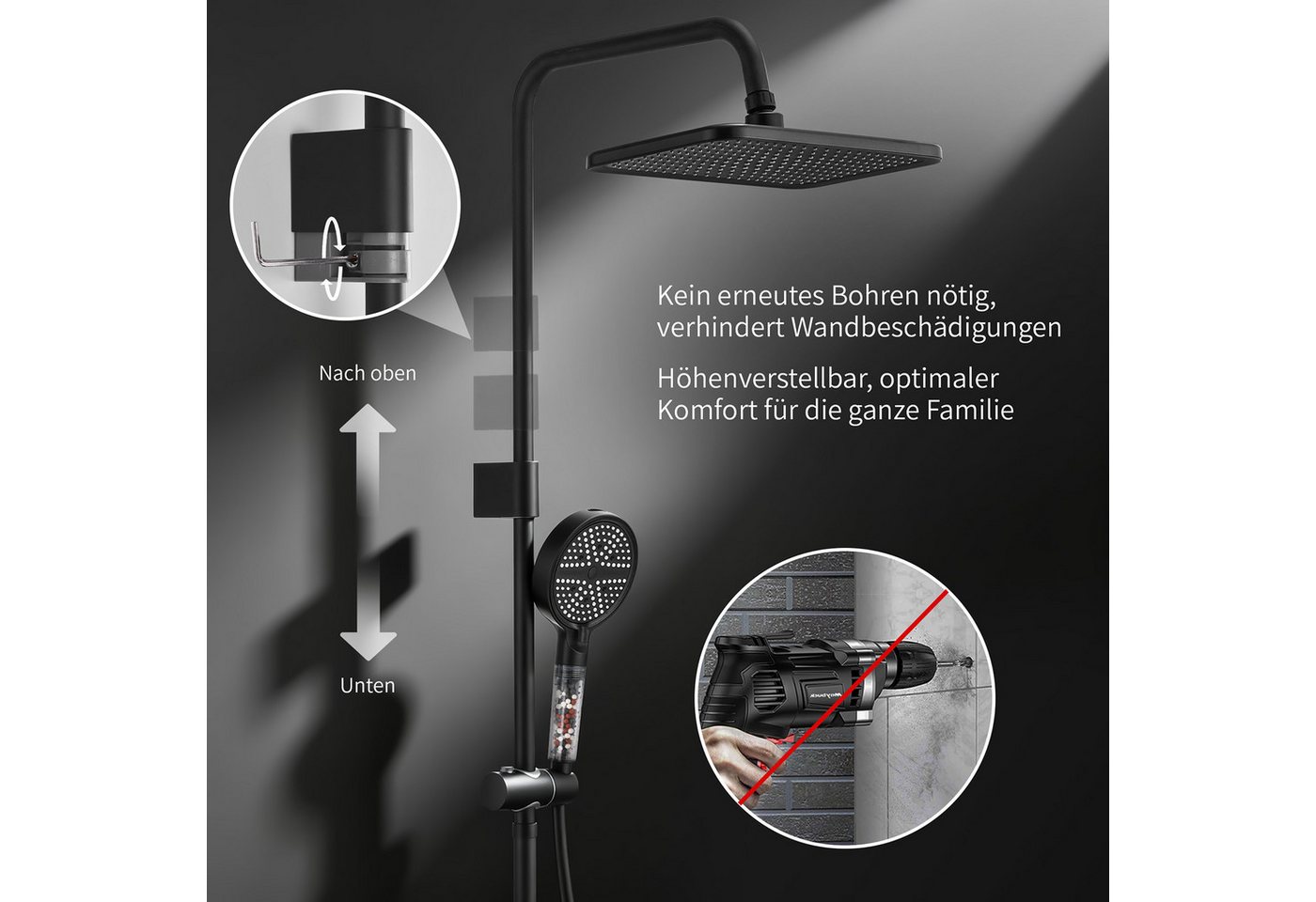 HOMELODY Duschsystem mit Regendusche 30×20 cm, Aufputz Thermostatarmatur, Handbrause, 2 Strahlart(en), Schwarz Duschsystem, 38°C Sicherheitssperre, Thermostat,  – Bild 4 von 5