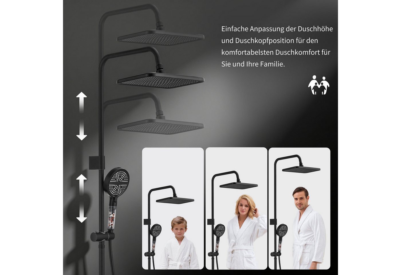 HOMELODY Duschsystem mit Regendusche 30×20 cm, Aufputz Thermostatarmatur, Handbrause, 2 Strahlart(en), Schwarz Duschsystem, 38°C Sicherheitssperre, Thermostat,  – Bild 5 von 5