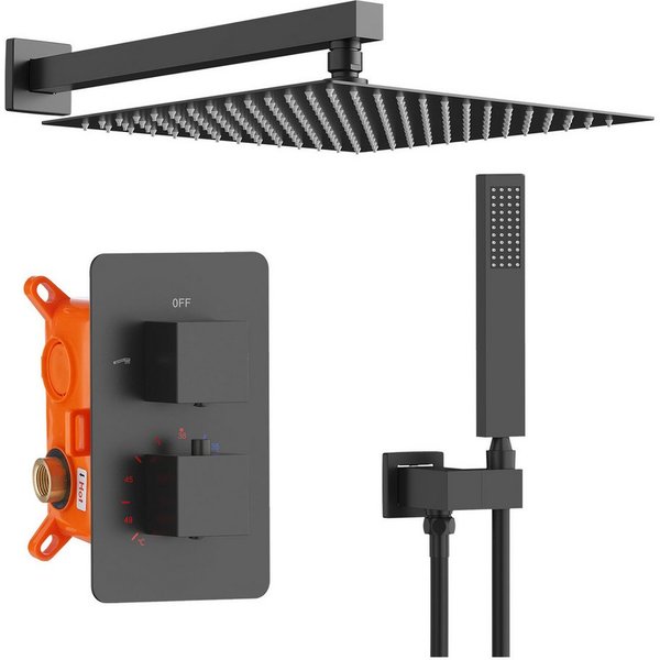 HOMELODY Duschsystem mit Thermostat,duschsystem schwarz, Unterputz Duschsäule, Duschset aus Messing mit Thermostat, Schwarze dusche mit Thermostat, Schwarz,Mess