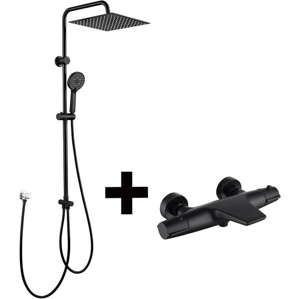 HOMELODY Duschsystem mit Thermostat Badewannenarmatur Schwarz Regendusche, 30 cm Regendusche, 5 Strahlarten Handbrause, Wasserfall-Auslauf