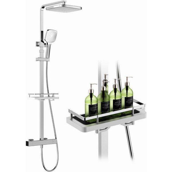 HOMELODY Duschsystem mit Thermostat & Duschablage- Duscharmatur Komplettset, 2 Strahlart(en), Hand- & Kopfbrause, höhenverstellbar, 38 °C Sicherheitssperre
