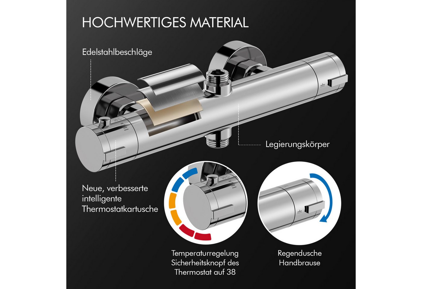 HOMELODY Duschsystem mit Thermostat und Duschablage - Duscharmatur Komplettset schwarz, 2 Strahlart(en), Set, Funktional und hochwertig – für ein rundum perfekt – Bild 3 von 5