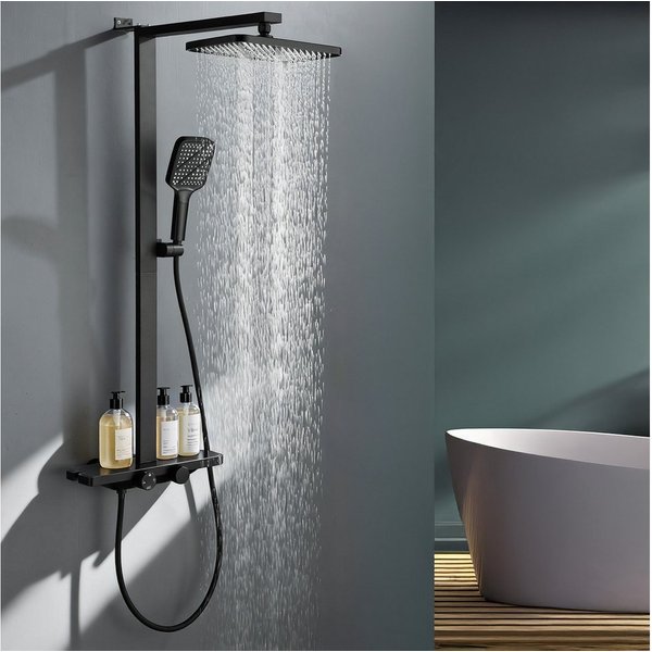 HOMELODY Duschsystem mit Thermostat und Glasablage in Schwarz Matt,Brausegarnitur, 3 Strahlart(en), Set, 12 Zoll Regendusche, 3-Funktions-Handbrause, PPA-Kupfer