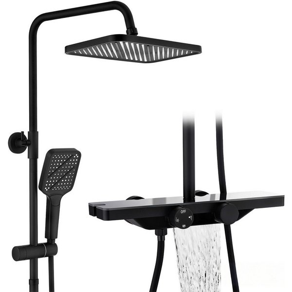 HOMELODY Duschsystem mit Thermostat und Glasablage in Schwarz,Brausegarnitur, 3 Strahlart(en), 12 Zoll Regendusche, 3-Funktions-Handbrause,Schwarz