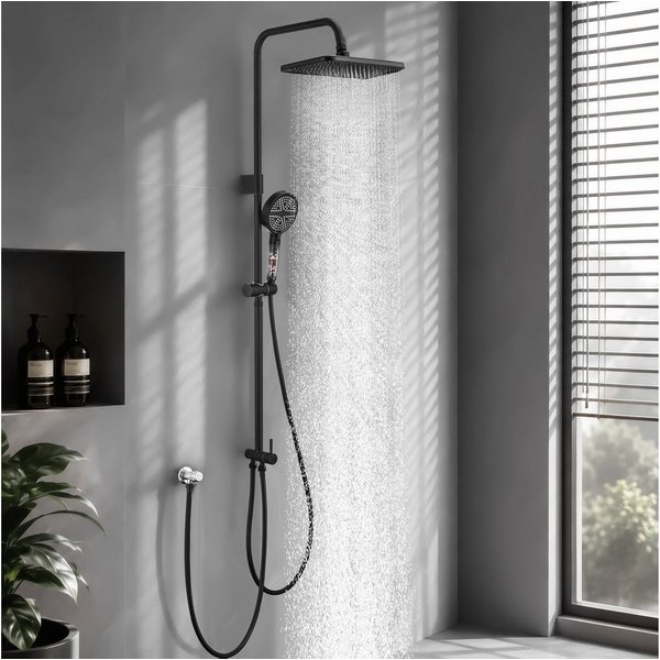 HOMELODY Duschsystem ohne Armatur, 30×20 cm Regendusche, 6-Strahl-Handbrause, 2 Strahlart(en), Set, Höhenverstellbar, SUS304-Umsteller mit Absperrfunktion, Schw