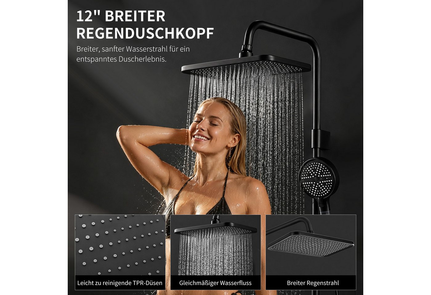 HOMELODY Duschsystem ohne Armatur, 30×20 cm Regendusche, 6-Strahl-Handbrause, 2 Strahlart(en), Set, Höhenverstellbar, SUS304-Umsteller mit Absperrfunktion, Schw – Bild 5 von 5