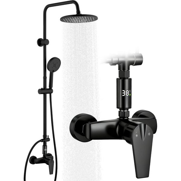 HOMELODY Duschsystem Regendusche 10 Zoll LED Temperaturanzeige 2 Funktionen, Mit LED Anzeige, 3 Strahlarten, höhenverstellbar, kein zweites Bohren