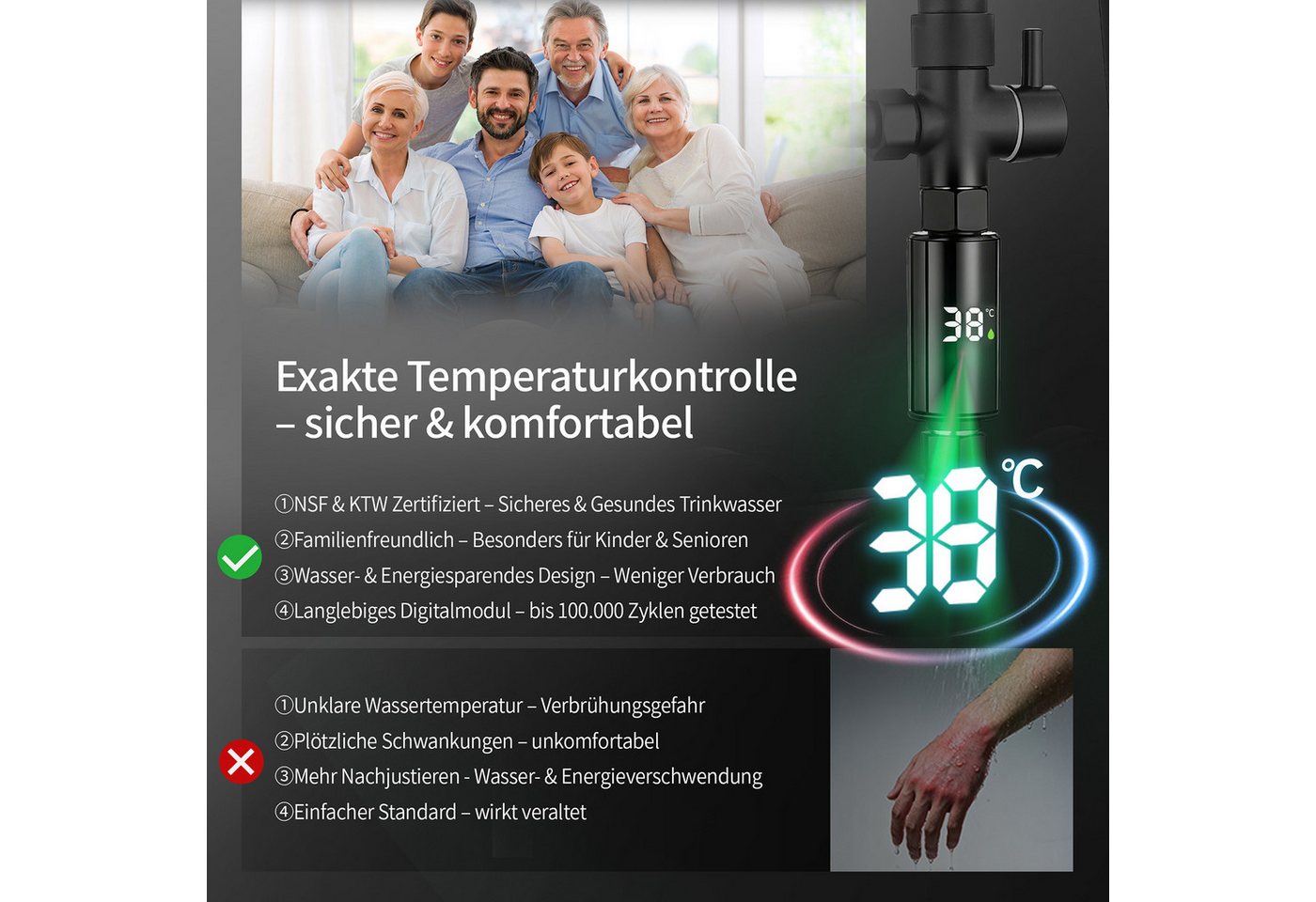 HOMELODY Duschsystem Regendusche 10 Zoll LED Temperaturanzeige 2 Funktionen, Mit LED Anzeige, 3 Strahlarten, höhenverstellbar, kein zweites Bohren – Bild 2 von 5