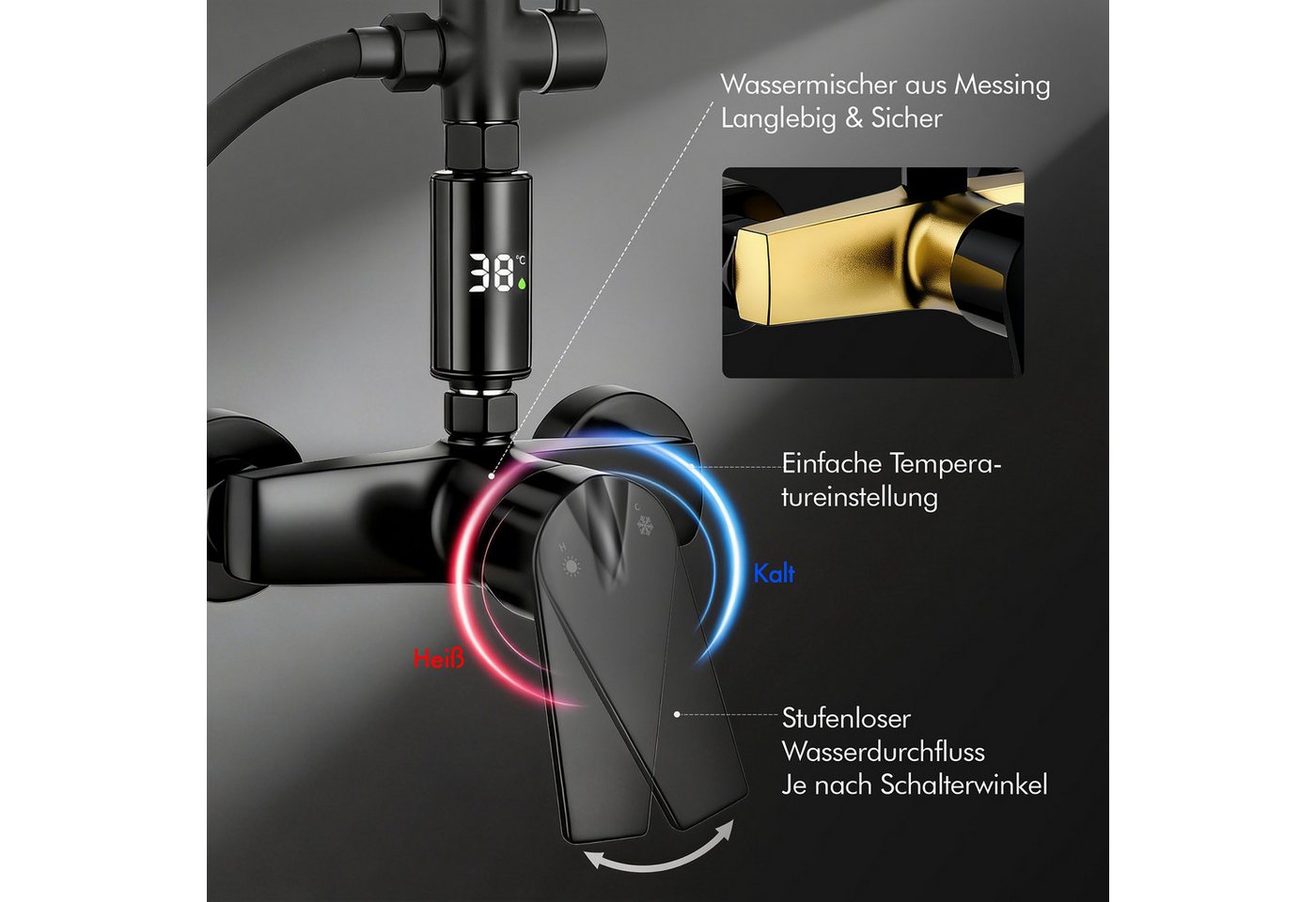 HOMELODY Duschsystem Regendusche 10 Zoll LED Temperaturanzeige 2 Funktionen, Mit LED Anzeige, 3 Strahlarten, höhenverstellbar, kein zweites Bohren – Bild 4 von 5