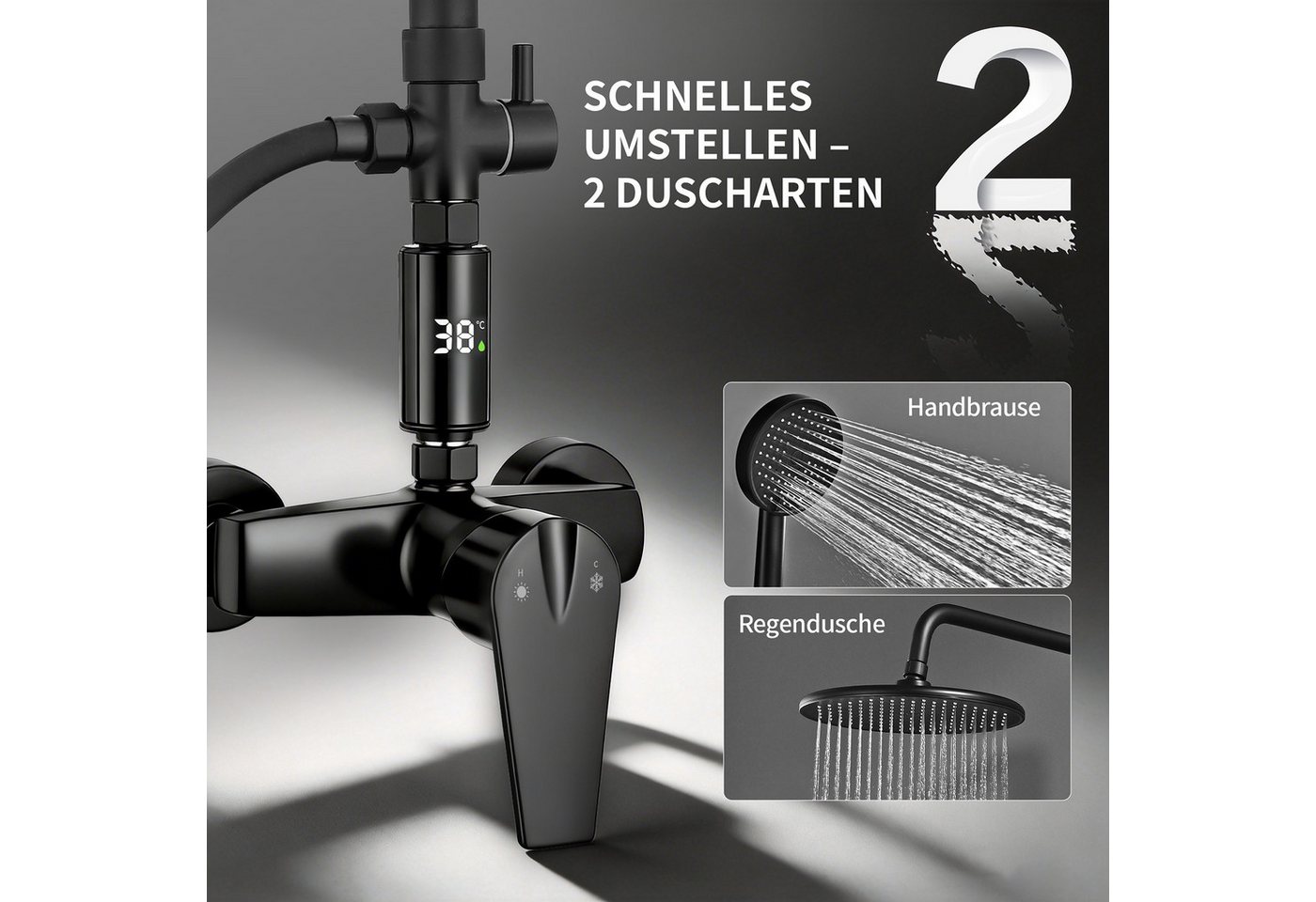 HOMELODY Duschsystem Regendusche 10 Zoll LED Temperaturanzeige 2 Funktionen, Mit LED Anzeige, 3 Strahlarten, höhenverstellbar, kein zweites Bohren – Bild 5 von 5