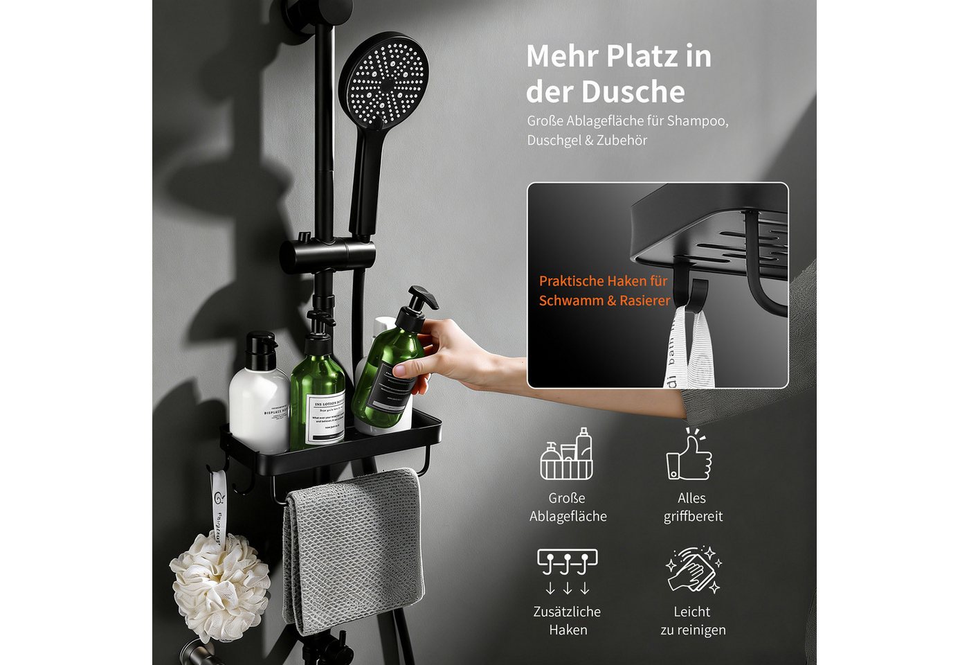 HOMELODY Duschsystem Regendusche 30 cm mit Ablage Handbrause 5 Funktionen Schwarz, Duschset Edelstahl Umsteller höhenverstellbar PVC Schlauch ohne Bohren – Bild 3 von 5