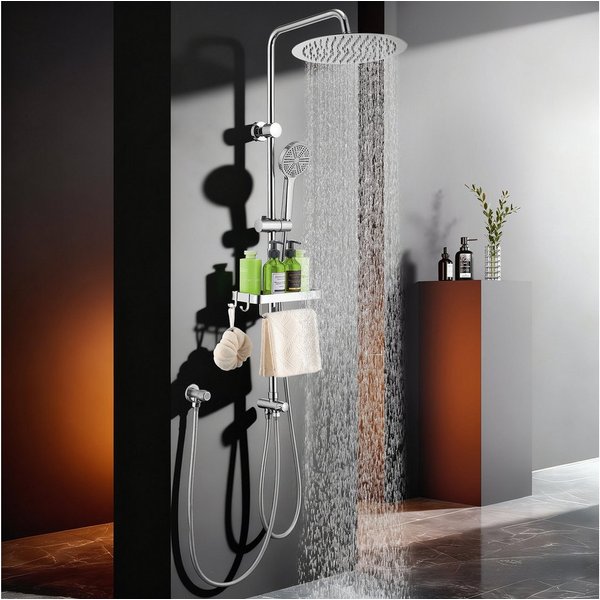 HOMELODY Duschsystem Regendusche 30 cm mit Ablage Handbrause 5 Funktionen Chrom, Duschset Edelstahl Umsteller höhenverstellbar PVC Schlauch ohne Bohren