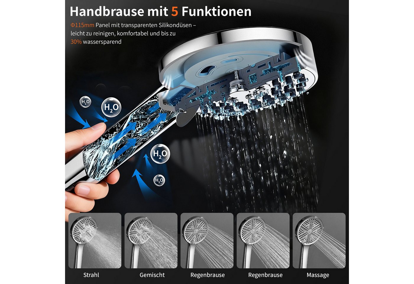 HOMELODY Duschsystem Regendusche 30 cm mit Ablage Handbrause 5 Funktionen Chrom, Duschset Edelstahl Umsteller höhenverstellbar PVC Schlauch ohne Bohren – Bild 5 von 5