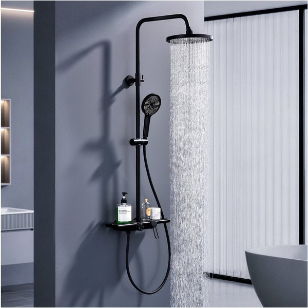 HOMELODY Duschsystem Schwarz Matt 250mm Regendusche Wasserfall Handbrause Ablage, Regendusche Duschset mit Ablage Handbrause 5 Funktionen