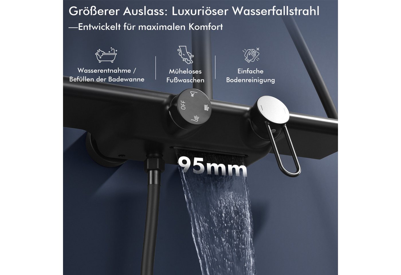 HOMELODY Duschsystem Schwarz Matt 250mm Regendusche Wasserfall Handbrause Ablage, Regendusche Duschset mit Ablage Handbrause 5 Funktionen – Bild 3 von 5