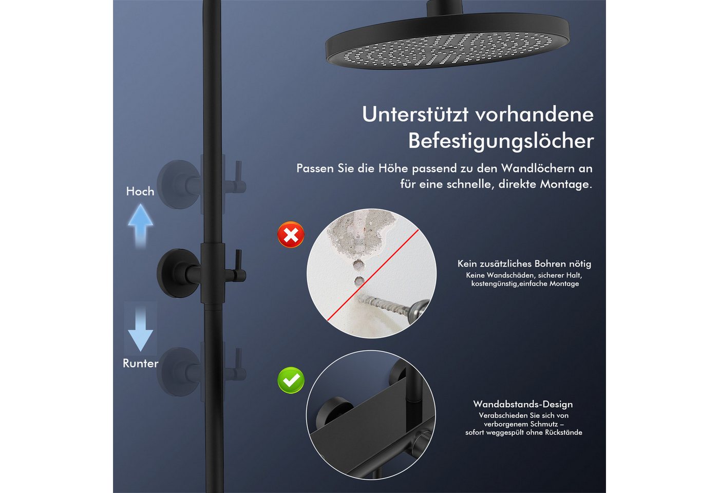 HOMELODY Duschsystem Schwarz Matt 250mm Regendusche Wasserfall Handbrause Ablage, Regendusche Duschset mit Ablage Handbrause 5 Funktionen – Bild 4 von 5