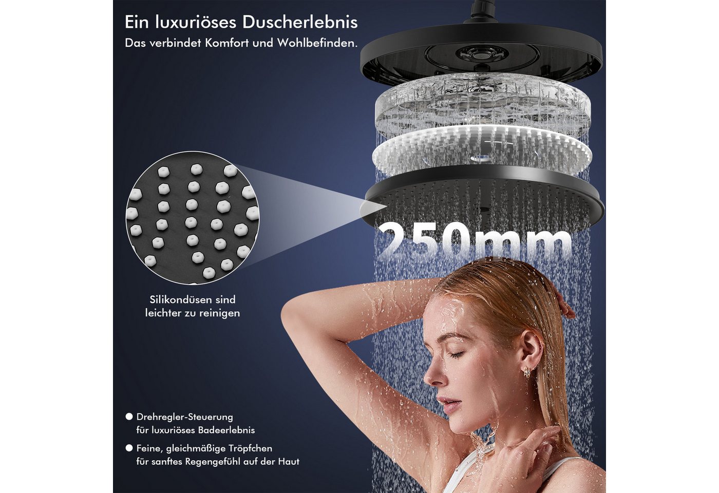 HOMELODY Duschsystem Schwarz Matt 250mm Regendusche Wasserfall Handbrause Ablage, Regendusche Duschset mit Ablage Handbrause 5 Funktionen – Bild 5 von 5