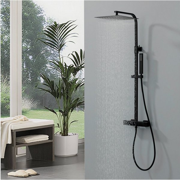 HOMELODY Duschsystem Schwarz Regendusche mit Thermostat Duschsystem Duschsäule Duschset, 2 Strahlart(en), 12-Zoll Edelstahl-Kopfbrause,ohne zusätzliches Bohren