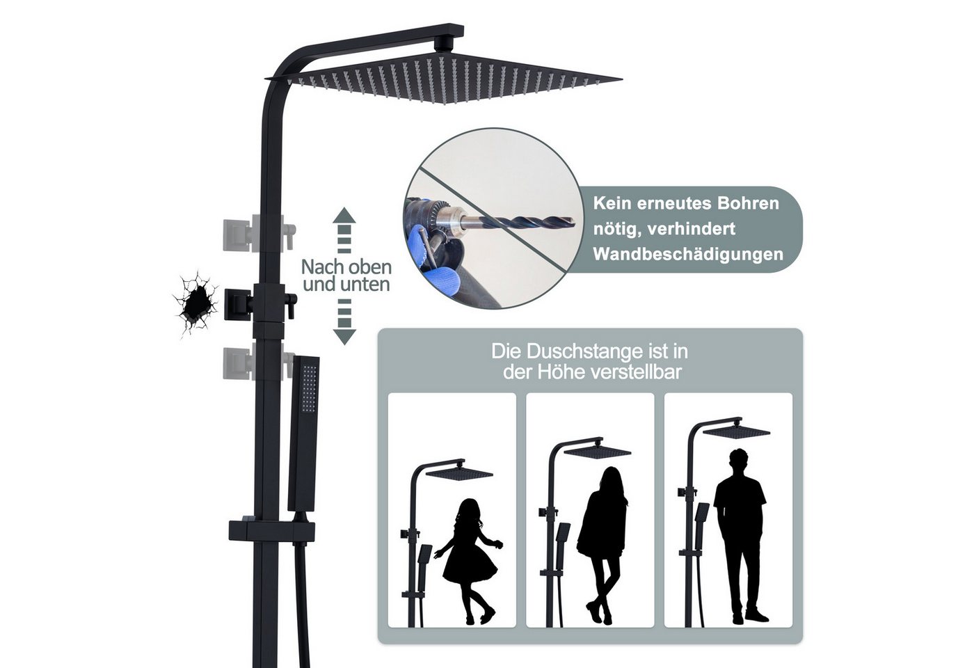 HOMELODY Duschsystem Schwarz Regendusche mit Thermostat Duschsystem Duschsäule Duschset, 2 Strahlart(en), 12-Zoll Edelstahl-Kopfbrause,ohne zusätzliches Bohren – Bild 4 von 5