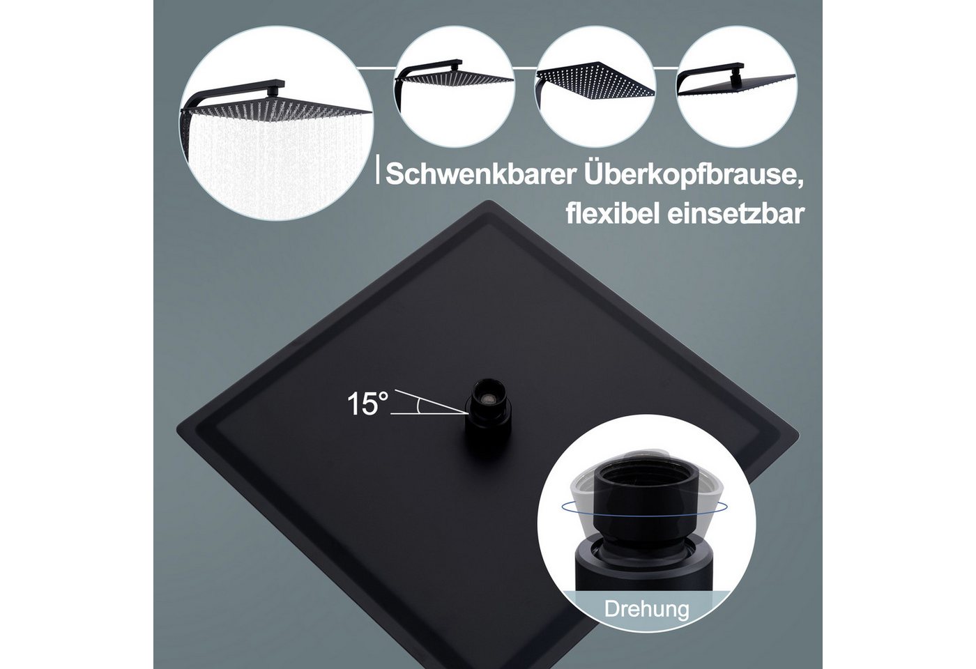 HOMELODY Duschsystem Schwarz Regendusche mit Thermostat Duschsystem Duschsäule Duschset, 2 Strahlart(en), 12-Zoll Edelstahl-Kopfbrause,ohne zusätzliches Bohren – Bild 5 von 5