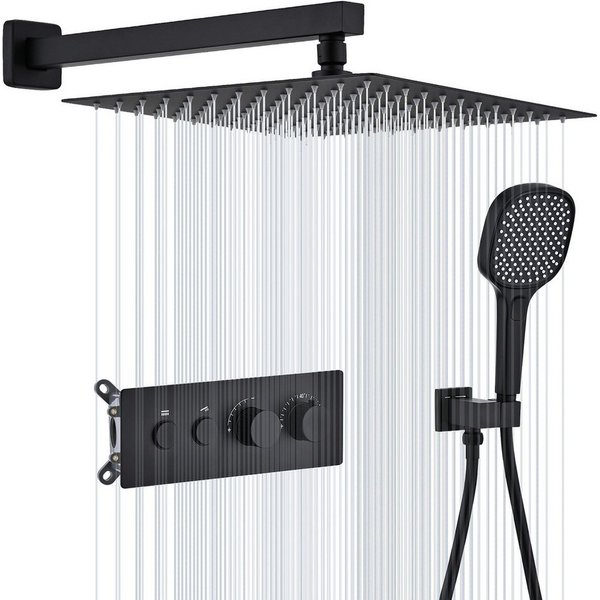 HOMELODY Duschsystem Unterputz Duschsystem Thermostat 2 Funktionen Regendusche Set Schwarz, 2 Strahlart(en), Set, 12 Zoll Regendusche Edelstahl, Thermostat, Han