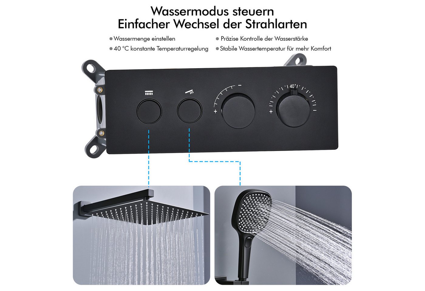 HOMELODY Duschsystem Unterputz Duschsystem Thermostat 2 Funktionen Regendusche Set Schwarz, 2 Strahlart(en), Set, 12 Zoll Regendusche Edelstahl, Thermostat, Han – Bild 5 von 5