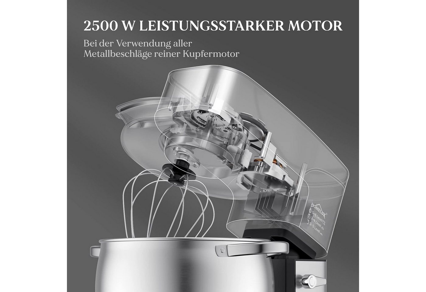 HOMELUX Küchenmaschine SC-667, 2500,00 W, 12,00 l Schüssel, inkl 3-Teiligem Patisserie-Set und Spritzschutz, mit Edelstahlschüssel – Bild 2 von 5