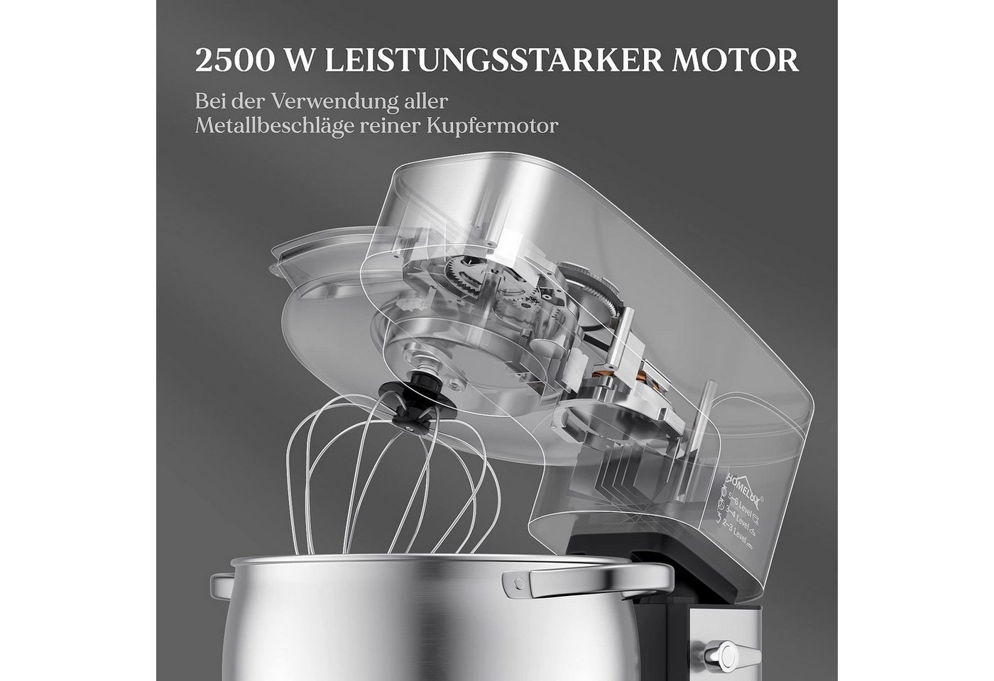 HOMELUX Küchenmaschine SC-667, 2500 W, 12 l Schüssel, inkl 3-Teiligem Patisserie-Set und Spritzschutz, mit Edelstahlschüssel – Bild 2 von 5