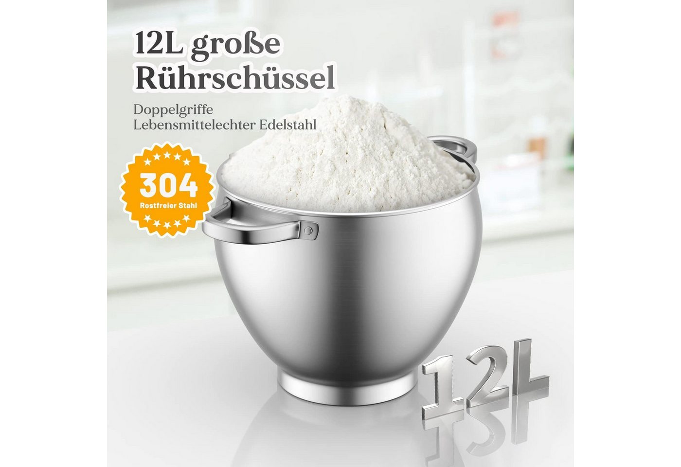 HOMELUX Küchenmaschine SC-667, 2500 W, 12 l Schüssel, inkl 3-Teiligem Patisserie-Set und Spritzschutz, mit Edelstahlschüssel – Bild 3 von 5