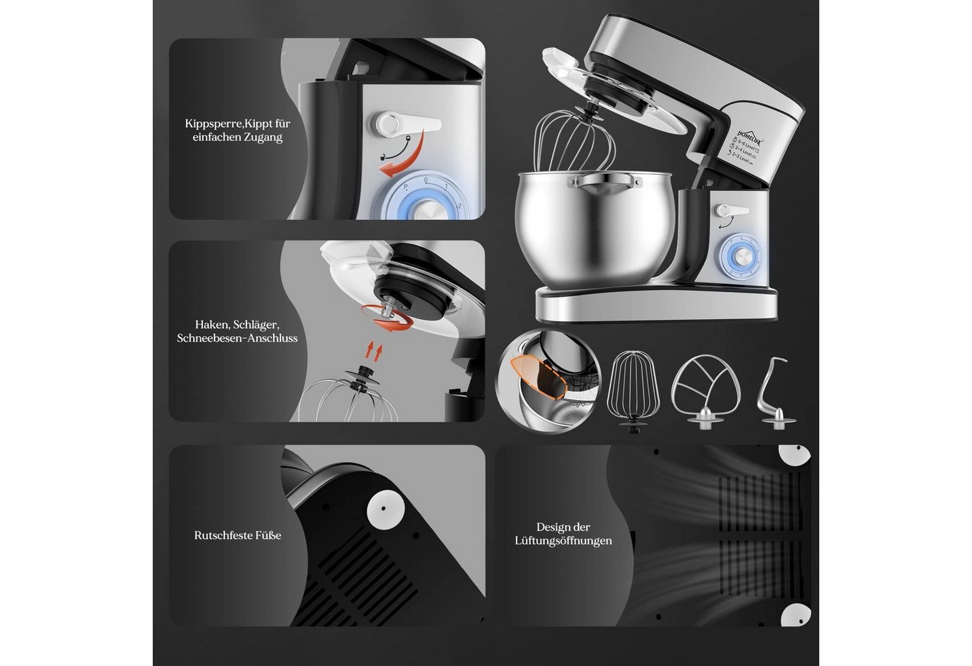 HOMELUX Küchenmaschine SC-667, 2500 W, 12 l Schüssel, inkl 3-Teiligem Patisserie-Set und Spritzschutz, mit Edelstahlschüssel – Bild 4 von 5