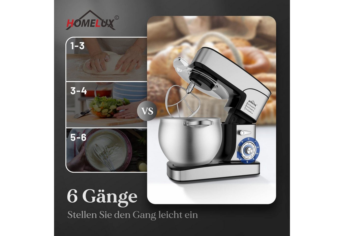 HOMELUX Küchenmaschine SC-667, 2500 W, 12 l Schüssel, inkl 3-Teiligem Patisserie-Set und Spritzschutz, mit Edelstahlschüssel – Bild 5 von 5