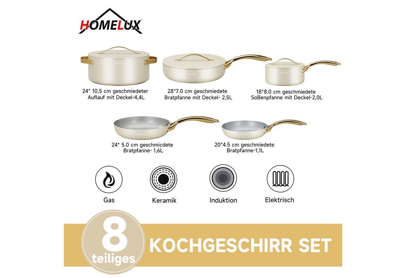 HOMELUX Topf-Set Induktions Töpfe Set, Aluminiumguss Kochtopfset mit Deckel, Aluminium (Set, 8-tlg., Töpfe Set mit Topfdeckel), Induktion – Bild 5 von 5