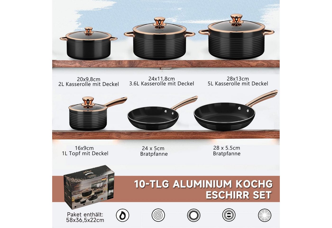 HOMELUX Topf-Set Kochgeschirr-Set, 10tlg Induktions Kochtopfset mit Deckel, Aluminium (Stilvolles Rose Gold, 10-tlg., Kochtopf 20/24/28 + Stieltopf 16 + Pfanne  – Bild 2 von 5