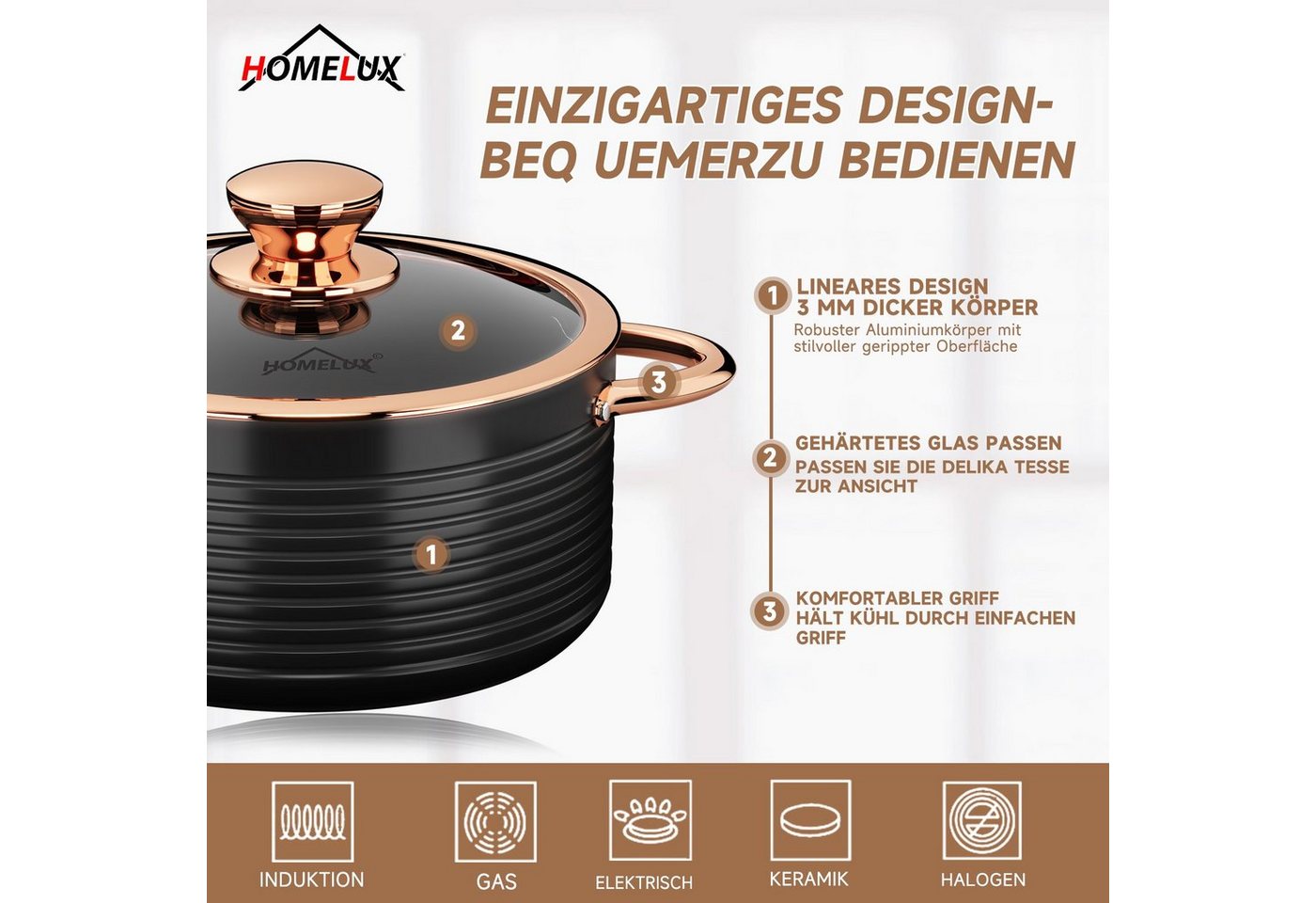 HOMELUX Topf-Set Kochgeschirr-Set, 10tlg Induktions Kochtopfset mit Deckel, Aluminium (Stilvolles Rose Gold, 10-tlg., Kochtopf 20/24/28 + Stieltopf 16 + Pfanne  – Bild 3 von 5