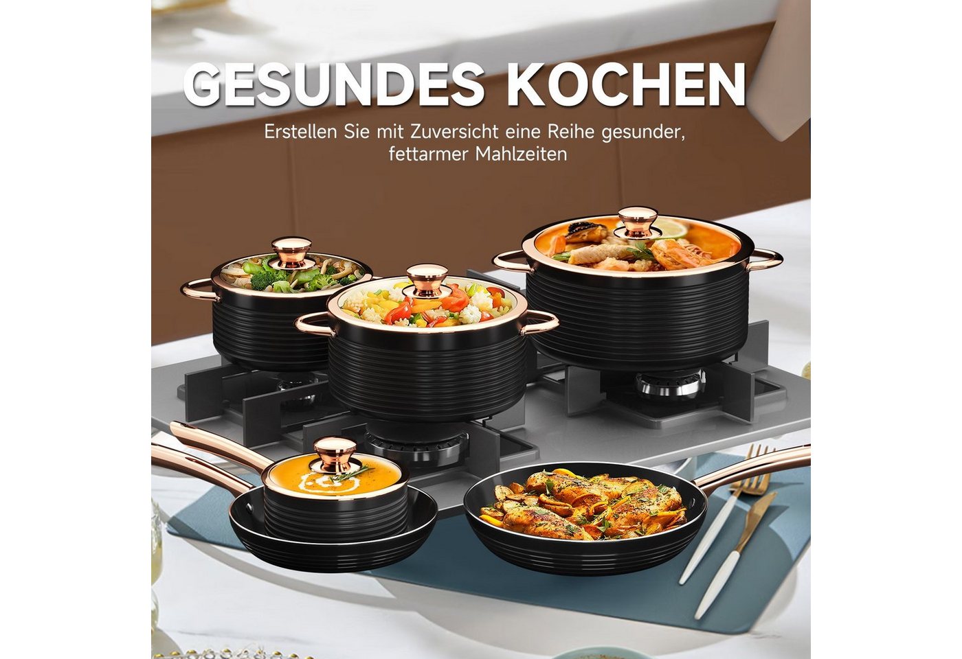 HOMELUX Topf-Set Kochgeschirr-Set, 10tlg Induktions Kochtopfset mit Deckel, Aluminium (Stilvolles Rose Gold, 10-tlg., Kochtopf 20/24/28 + Stieltopf 16 + Pfanne  – Bild 4 von 5