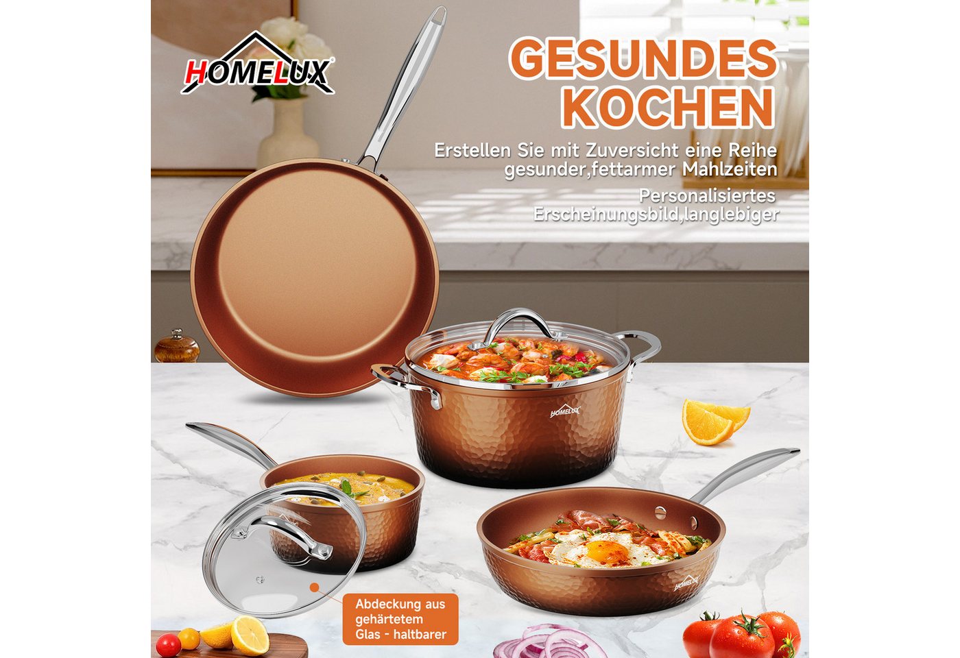 HOMELUX Topf-Set Kochtopfset, Aluminiumguss Töpfe Set mit Deckel, Aluminium (Set, 6-tlg., Töpfe Set mit Glasdeckel), Induktion – Bild 4 von 5