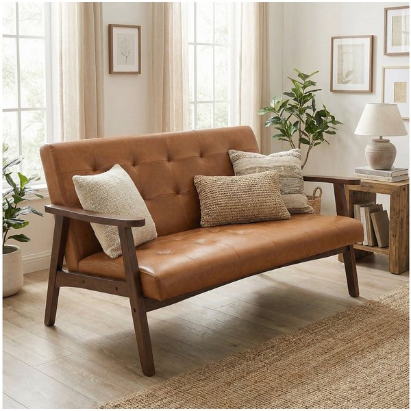 HomeMiYN 2-Sitzer L124 CM Modern Einzelsofas mit Echtleder & Holz Armlehnen für Büro, 1 Teile, Kleines Doppelsofa 124*75*74 cm für Wohnzimmer