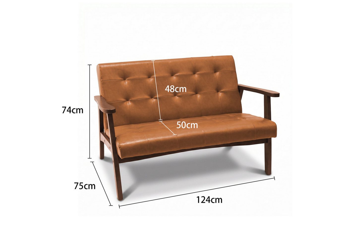 HomeMiYN 2-Sitzer L124 CM Modern Einzelsofas mit Echtleder & Holz Armlehnen für Büro, 1 Teile, Kleines Doppelsofa 124*75*74 cm für Wohnzimmer – Bild 2 von 5
