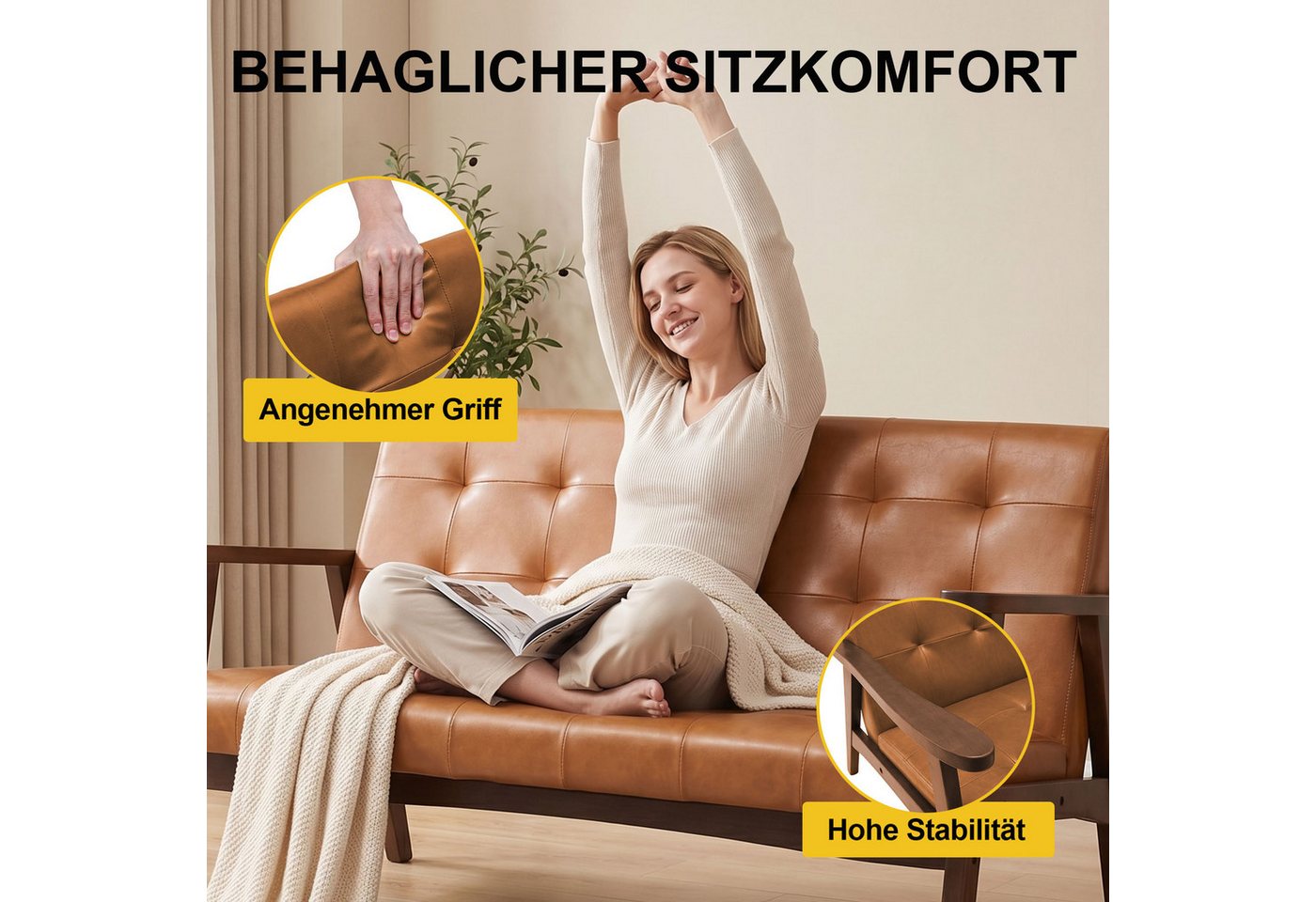 HomeMiYN 2-Sitzer L124 CM Modern Einzelsofas mit Echtleder & Holz Armlehnen für Büro, 1 Teile, Kleines Doppelsofa 124*75*74 cm für Wohnzimmer – Bild 3 von 5