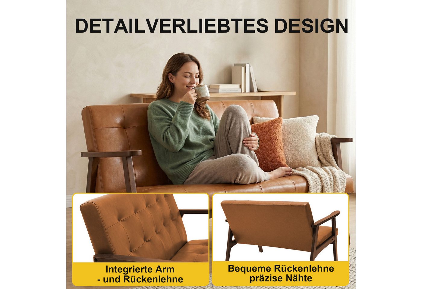 HomeMiYN 2-Sitzer L124 CM Modern Einzelsofas mit Echtleder & Holz Armlehnen für Büro, 1 Teile, Kleines Doppelsofa 124*75*74 cm für Wohnzimmer – Bild 4 von 5