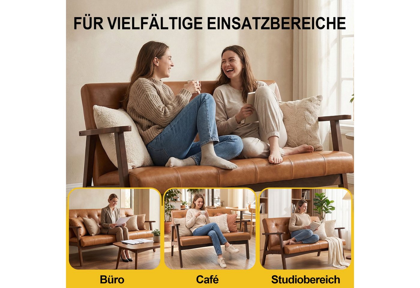 HomeMiYN 2-Sitzer L124 CM Modern Einzelsofas mit Echtleder & Holz Armlehnen für Büro, 1 Teile, Kleines Doppelsofa 124*75*74 cm für Wohnzimmer – Bild 5 von 5