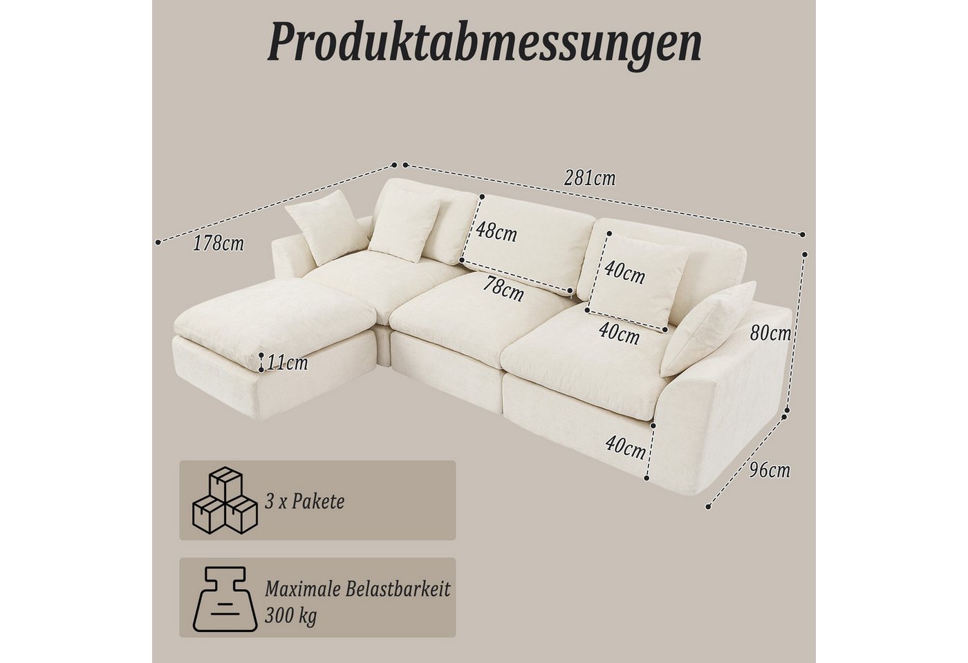 HomeMiYN Ecksofa 280cm L-Form Chenille 3-4 Sitzer Modular Couch für Wohnzimmer, Modular 4 Teile, Ohne Montage & Vakuumkomprimiert 300kg Belastbar Ecksofa – Bild 2 von 5